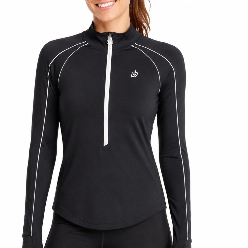 Body Instinct Womens Black 1/4 Zip Activewear Pullover L Running Workout Top